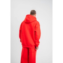 Unisex Double Oversize Kapşonlu Basic Sweatshirt - Kırmızı