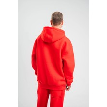 Unisex Double Oversize Kapşonlu Basic Sweatshirt - Kırmızı