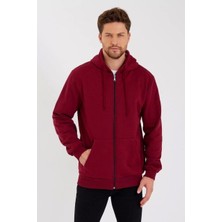 Unisex Tam Fermuarlı Kapşonlu  Hırka - Bordo