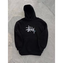 Üç Iplik Kapşonlu Baskılı Sweatshirt - Siyah