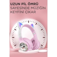 Boğazören Çocuklar Için Yeşil Kedi Kulaklıklı Kulak Üstü Kulaklık Hediyelik Renkli Işıklı Kablosuz Kulaklık