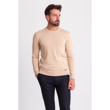 Düz Bej Rengi Slim Fit Erkek Bisiklet Yaka Kazak