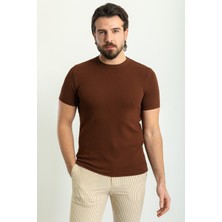 Düz Fındık Rengi Slim Fit Bisiklet Yaka Erkek Triko T-Shirt