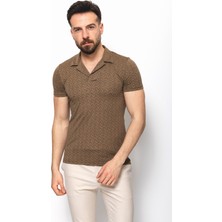 Desenli Kamel Rengi Slim Fit Apaç Yaka Erkek T-Shirt