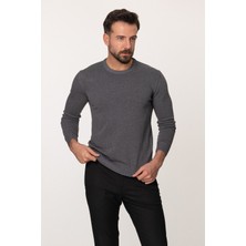 Düz Antrasit Rengi Slim Fit Erkek Bisiklet Yaka Kazak