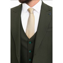 Düz Haki Slim Fit Geniş Yaka Yün Klasik Erkek Takım Elbise
