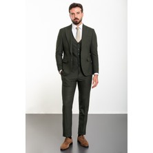 Düz Haki Slim Fit Geniş Yaka Yün Klasik Erkek Takım Elbise