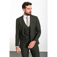 Düz Haki Slim Fit Geniş Yaka Yün Klasik Erkek Takım Elbise