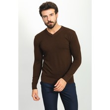 Düz Kahverengi Slim Fit Erkek V Yaka Kazak