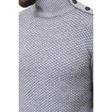 Desenli Gri Renk Slim Fit Tam Balıkçı Yaka Yün Erkek Kazak