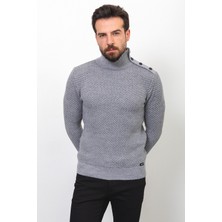 Desenli Gri Renk Slim Fit Tam Balıkçı Yaka Yün Erkek Kazak