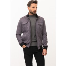 Düz Gri Slim Fit Hakim Yaka Süet Erkek Mont