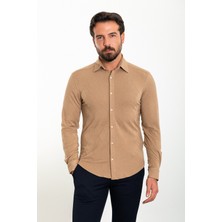 Desenli Kamel Rengi Slim Fit Erkek Gömlek