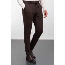 Düz Kahverengi Super Slim Fit Beli Lastikli İpli Erkek Pantolon