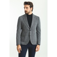 Desenli Lacivert Renk Slim Fit Mono Yaka Yün Erkek Ceket