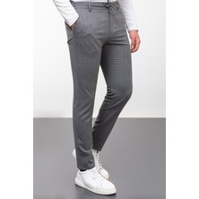 Çizgili Gri Renk Super Slim Fit Beli Lastikli Ipli Erkek Pantolon