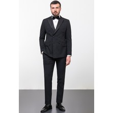 Desenli Siyah Renk Slim Fit Geniş Yaka Kruvaze Erkek Damatlık