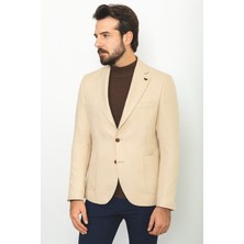 Desenli Bej Rengi Torba Cep Slim Fit Yün Erkek Ceket
