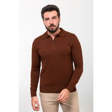 MCR Düz Kiremit Rengi Slim Fit Fermuarlı Polo Yaka Erkek Triko Kazak
