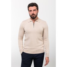 MCR Düz Bej Slim Fit Fermuarlı Polo Yaka Erkek Triko Kazak