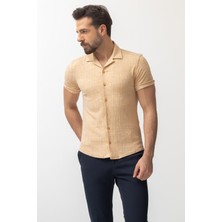Desenli Bej Rengi Slim Fit Kısa Kollu Apaç Yaka Erkek Gömlek