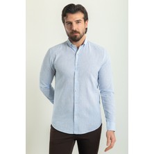 Desenli Mavi Renk Slim Fit Uzun Kollu Keten Erkek Gömlek