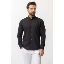 Düz Siyah Renk Slim Fit Basic Keten Erkek Gömlek