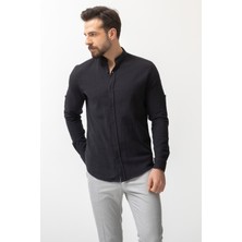 Düz Siyah Renk Slim Fit Hakim Yaka Erkek Gömlek