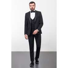 Düz Siyah Renk Slim Fit Çizgili Geniş Yaka Erkek Damatlık