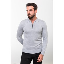 MCR Düz Gri Slim Fit Fermuarlı Polo Yaka Erkek Triko Kazak