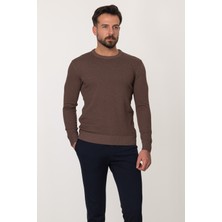 Düz Kahverengi Slim Fit Erkek Bisiklet Yaka Kazak