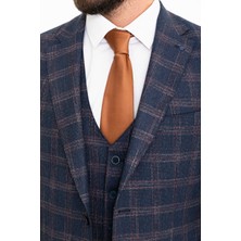 Ekoseli Lacivert Slim Fit Mono Yaka Yün Erkek Takım Elbise