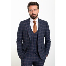 Ekoseli Lacivert Slim Fit Mono Yaka Yün Erkek Takım Elbise