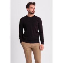 Düz Siyah Renk Slim Fit Erkek Bisiklet Yaka Kazak