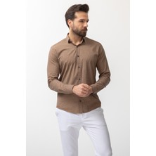 Desenli Kamel Rengi Slim Fit Erkek Gömlek