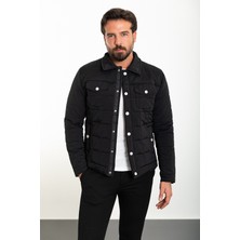 Düz Siyah Slim Fit Gömlek Yaka Şişme Erkek Mont