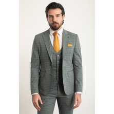 Ekoseli Haki Rengi Slim Fit Mono Yaka Erkek Takım Elbise