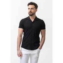 MCR Desenli Siyah Renk Slim Fit Kısa Kollu Apaç Yaka Erkek Gömlek