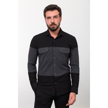 Parçalı Siyah Slim Fit Uzun Kollu Pamuk Erkek Gömlek