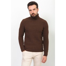 Örgü Desenli Kahverengi Slim Fit Tam Balıkçı Yaka Yün Erkek Kazak