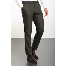 Düz Haki Slim Fit Kemer Detaylı Erkek Pantolon