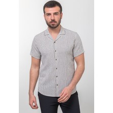 Çizgili Siyah Renk Slim Fit Apaç Yaka Kısa Kollu Erkek Gömlek