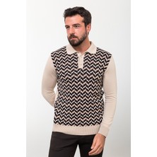 Desenli Bej Slim Fit Polo Yaka Erkek Triko Kazak