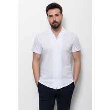 Desenli Beyaz Renk Slim Fit Kısa Kollu Apaç Yaka Erkek Gömlek