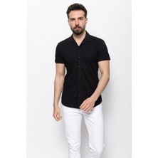 Desenli Siyah Renk Slim Fit Kısa Kollu Apaç Yaka Erkek Gömlek