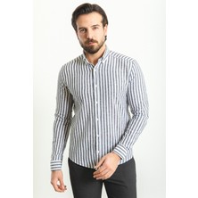 MCR Çizgili Siyah Renk Slim Fit Uzun Kollu Keten Erkek Gömlek