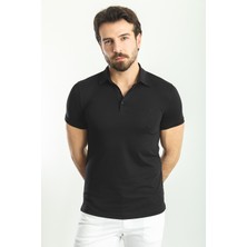 Düz Siyah Renk Slim Fit Polo Yaka Basic Erkek T-Shirt