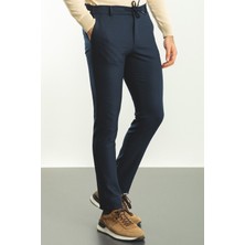 Düz Lacivert Renk Super Slim Fit Beli Lastikli İpli Erkek Pantolon