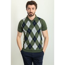 MCR Desenli Haki Rengi Slim Fit Polo Yaka Erkek Triko T-Shirt
