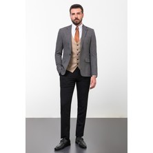 Desenli Siyah Slim Fit Mono Yaka Kombinli Yün Erkek Takım Elbise